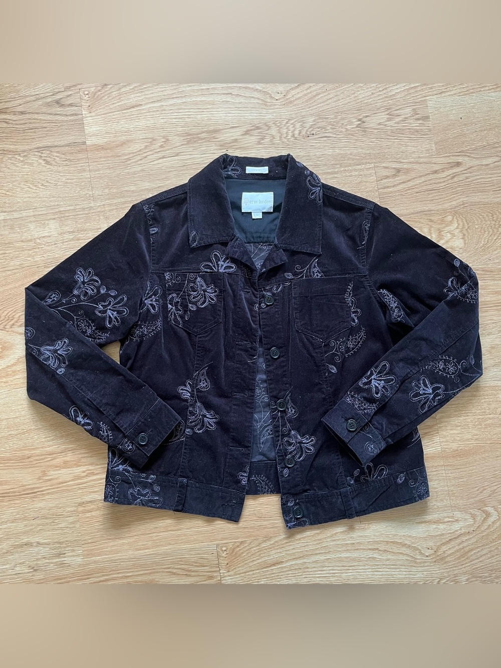 Erin London Jacket Size 8 Black Corduroy Floral Embroidered Boho Chic Stretch